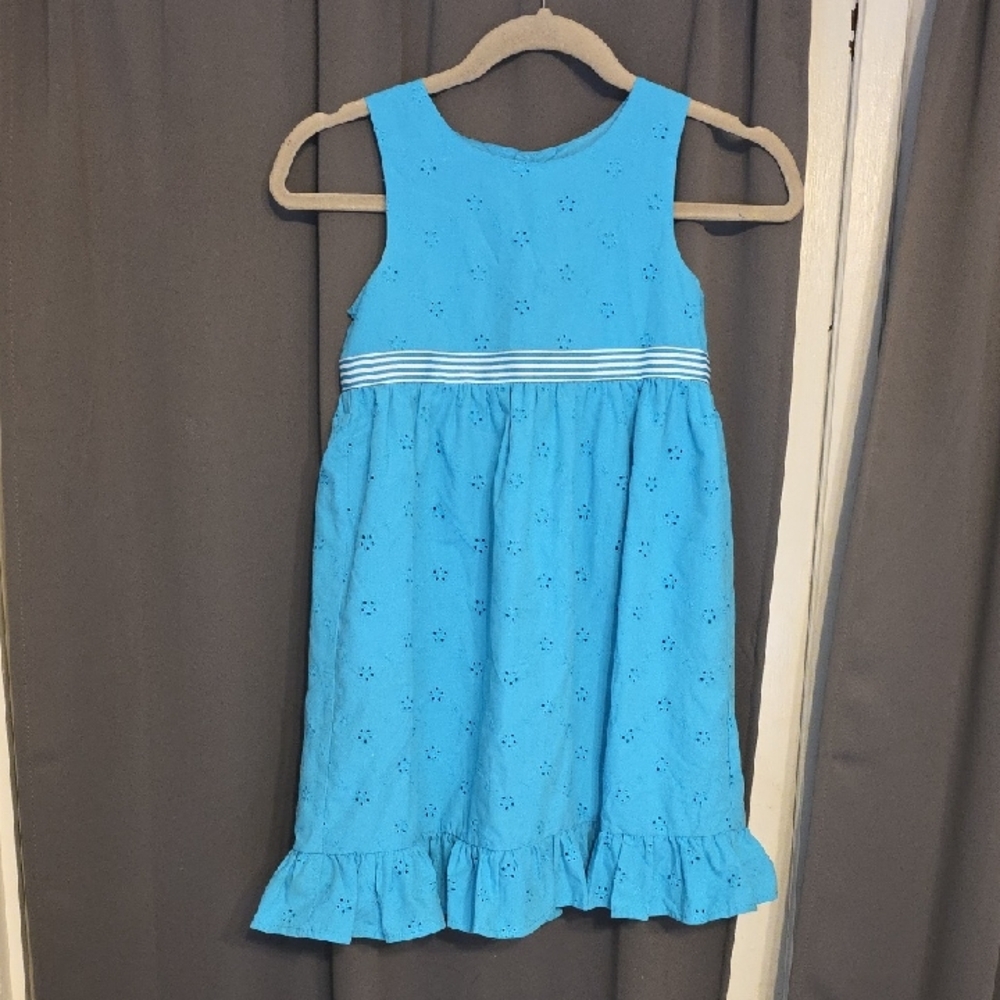 Chaps Girls Turquoise Eyelet Dress Sleevless Lined Sz 6X MISSING BUTTON GUC READ